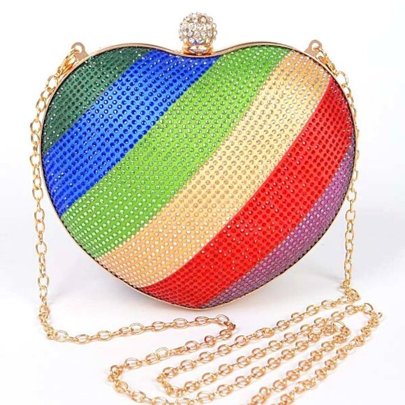 BNWT Pride Rainbow Color Rhinestone Heart Shape Box Clutch Swing Bag - Picture 1 of 5